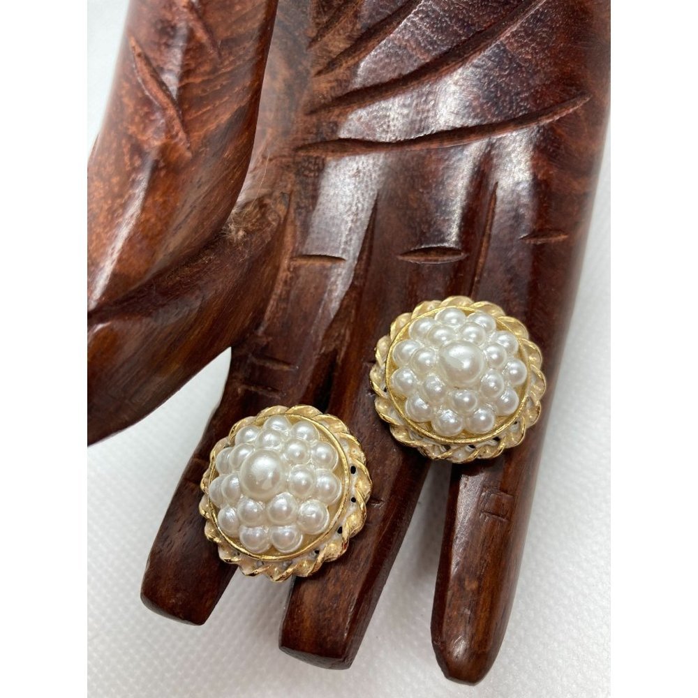 Vintage Vogue 80s Chunky Gold Toned Faux Pearl Stud Earrings